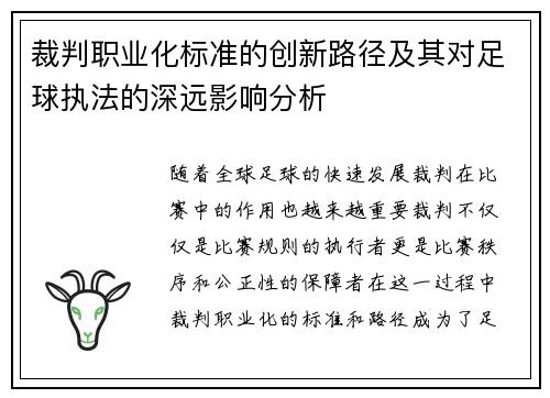 裁判职业化标准的创新路径及其对足球执法的深远影响分析